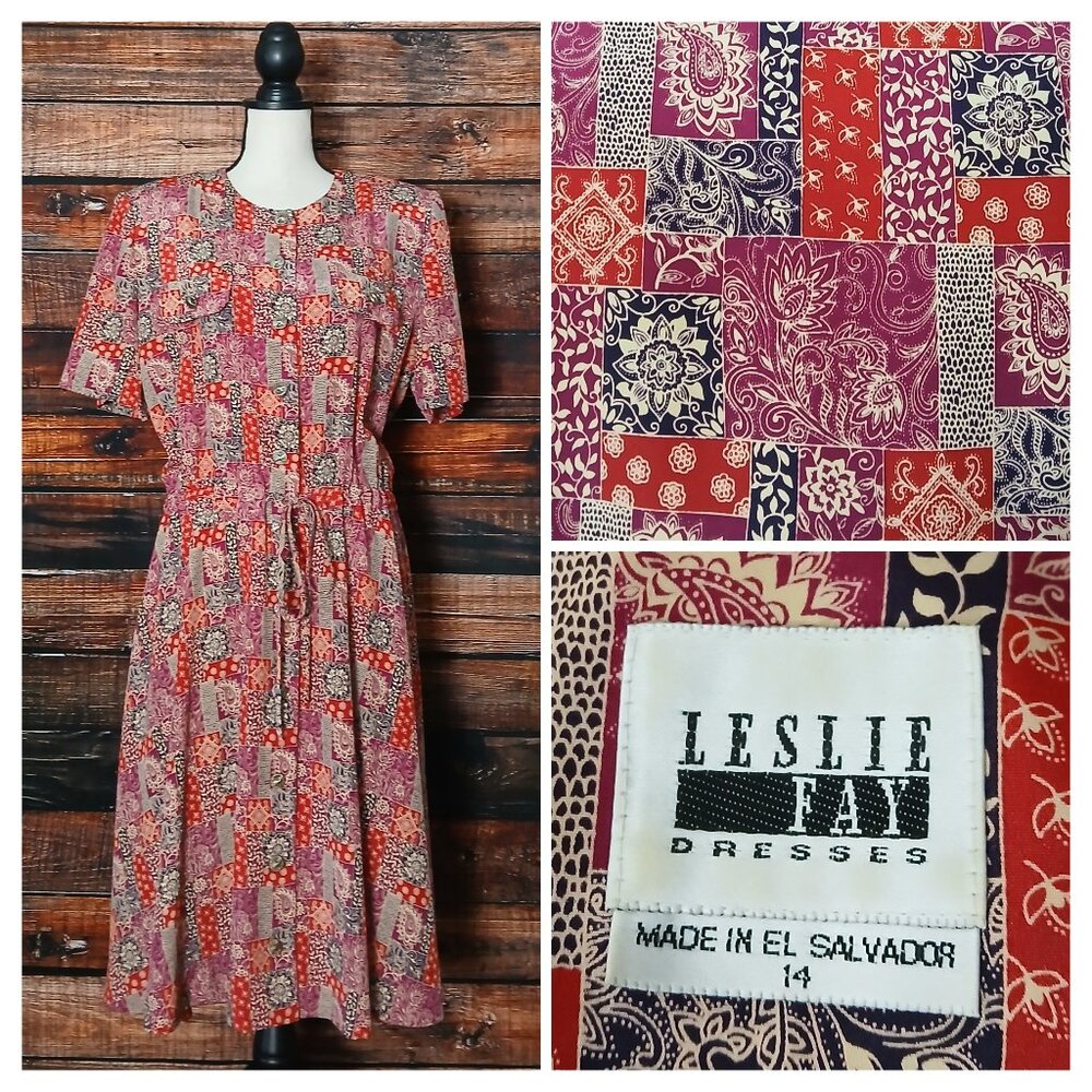 Leslie Fay Vintage Dress 14 Patchwork Print Tie Waist Button Front Retro